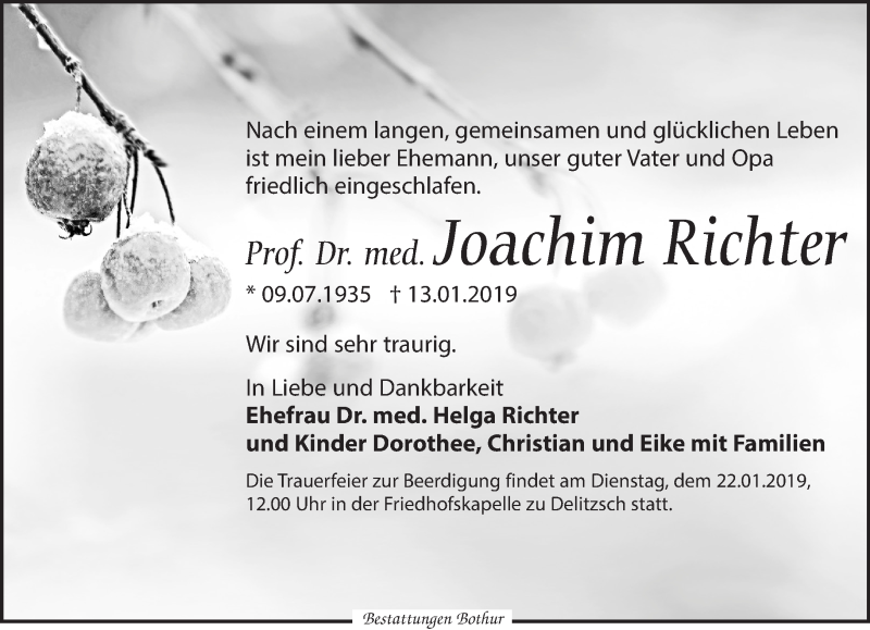  Traueranzeige für Joachim Richter vom 16.01.2019 aus Leipziger Volkszeitung