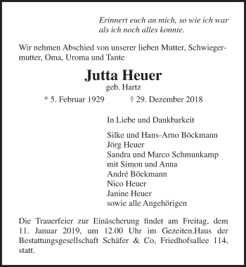 Traueranzeige von Jutta Heuer von Lübecker Nachrichten