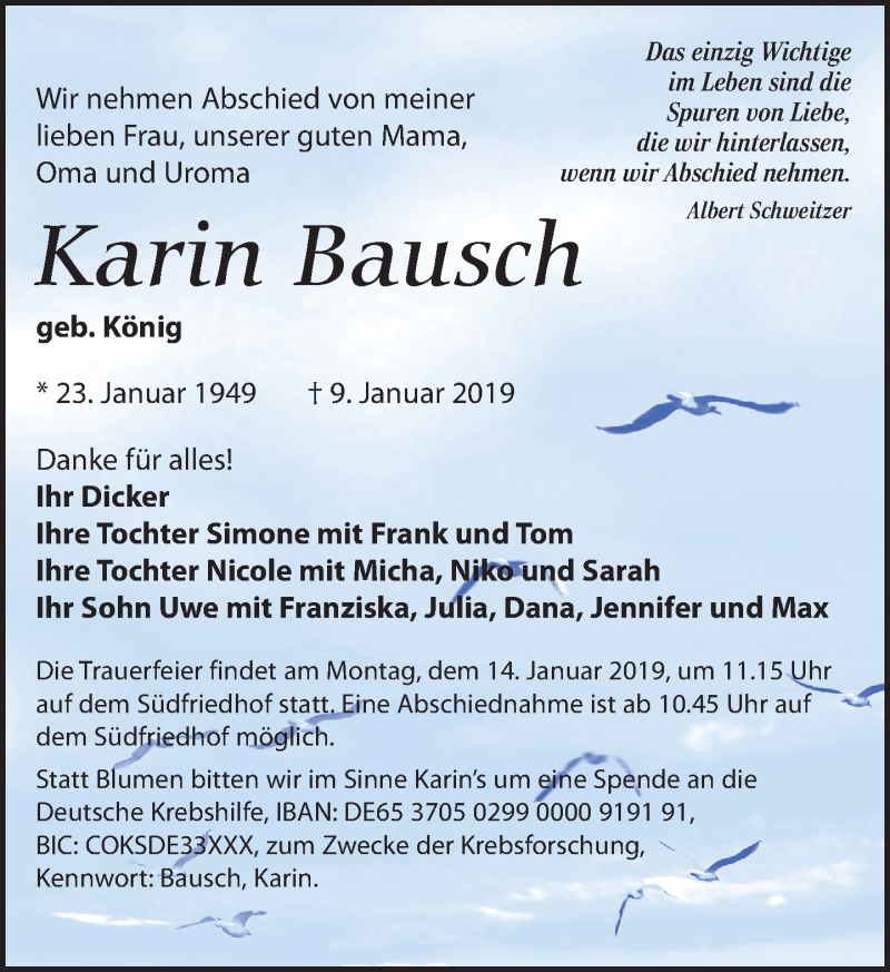  Traueranzeige für Karin Bausch vom 12.01.2019 aus Leipziger Volkszeitung