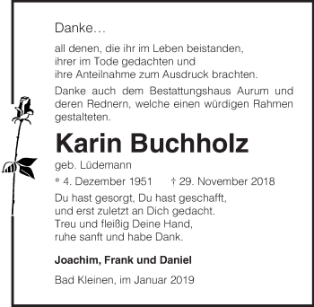 Traueranzeige von Karin Buchholz von Ostsee-Zeitung GmbH