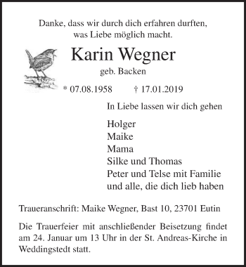 Traueranzeige von Karin Wegner von Lübecker Nachrichten