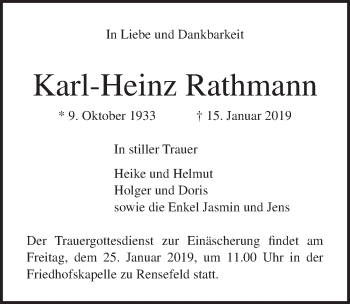 Traueranzeige von Karl-Heinz Rathmann von Lübecker Nachrichten