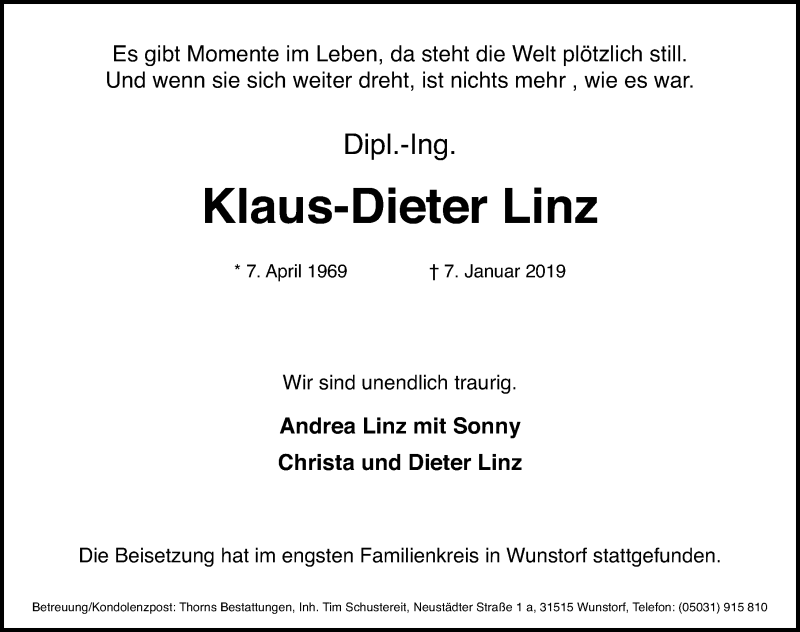  Traueranzeige für Klaus-Dieter Linz vom 26.01.2019 aus Hannoversche Allgemeine Zeitung/Neue Presse