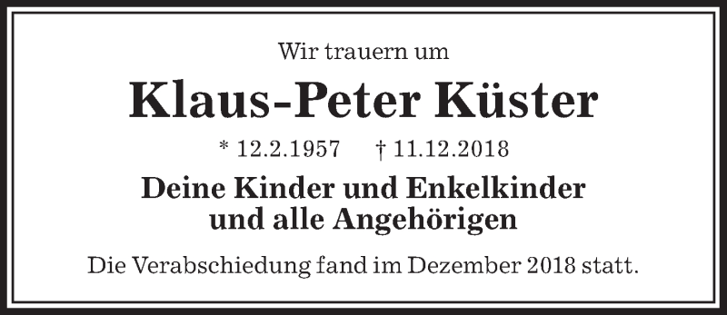  Traueranzeige für Klaus-Peter Küster vom 05.01.2019 aus Aller Zeitung