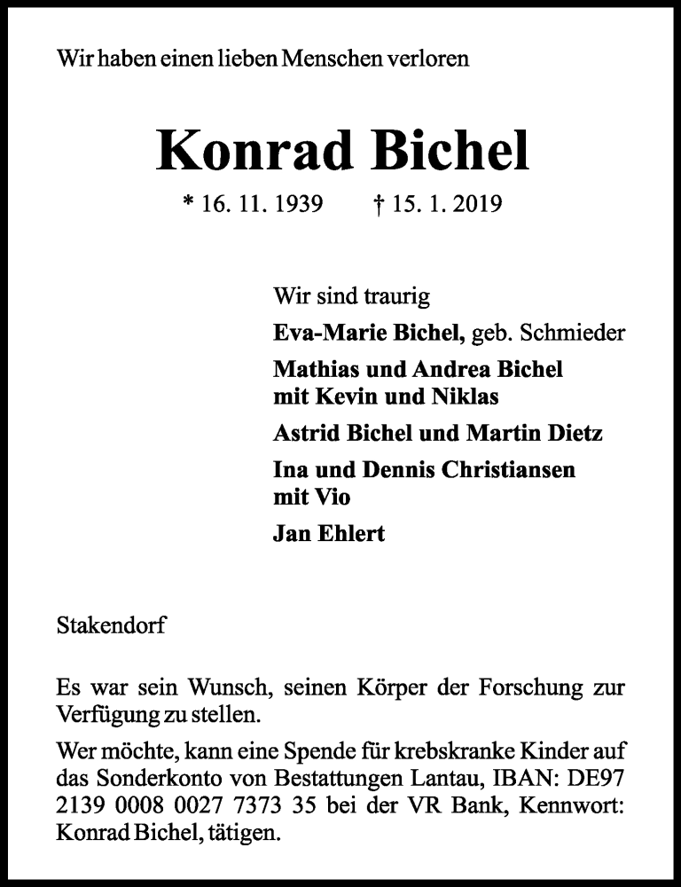  Traueranzeige für Konrad Bichel vom 19.01.2019 aus Kieler Nachrichten