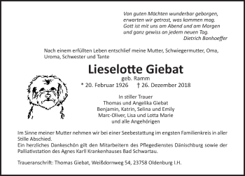 Traueranzeige von Lieselotte Giebat von Lübecker Nachrichten