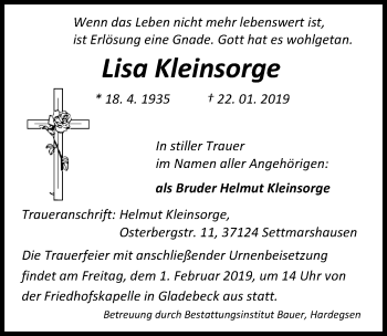 Traueranzeige von Lisa Kleinsorge 