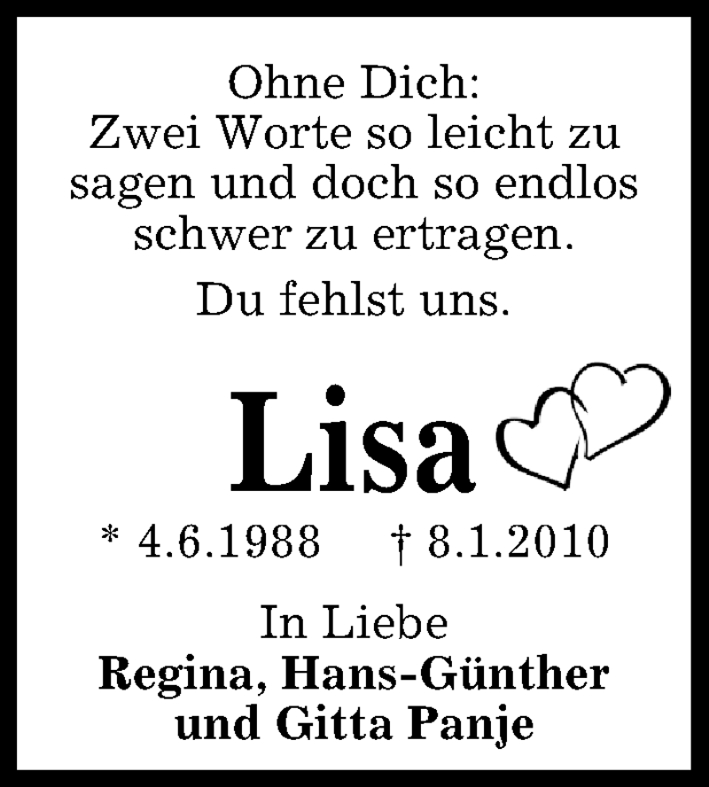  Traueranzeige für Lisa Panje vom 08.01.2019 aus Kieler Nachrichten