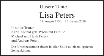 Traueranzeige von Lisa Peters von Lübecker Nachrichten