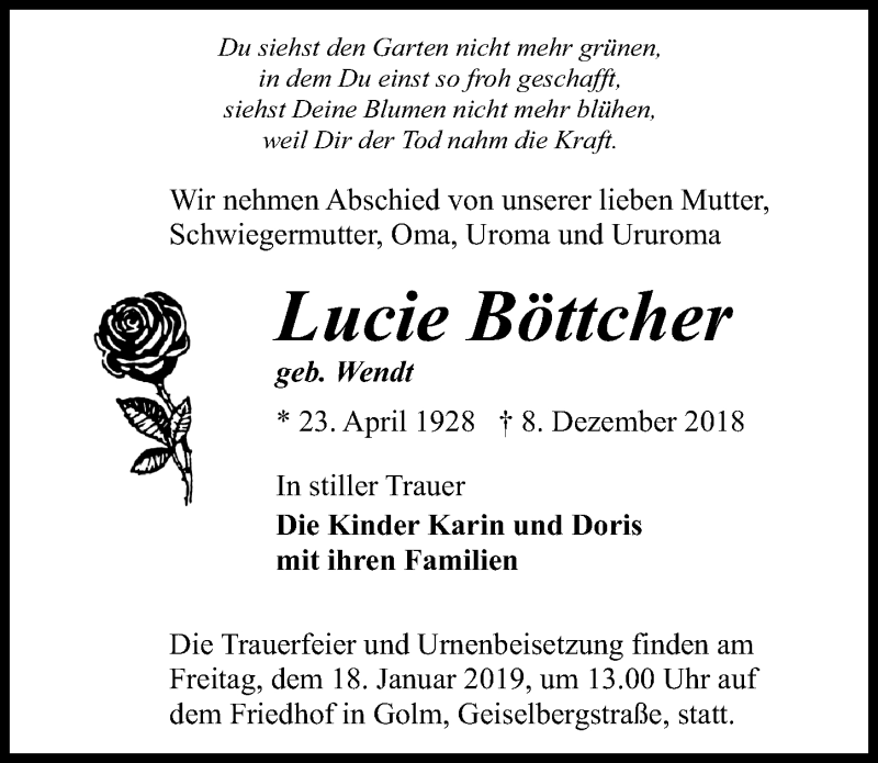  Traueranzeige für Lucie Böttcher vom 05.01.2019 aus Märkischen Allgemeine Zeitung
