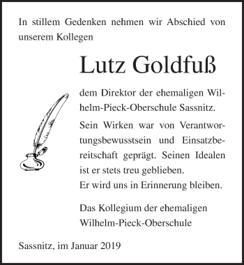 Traueranzeige von Lutz Goldfuß von Ostsee-Zeitung GmbH
