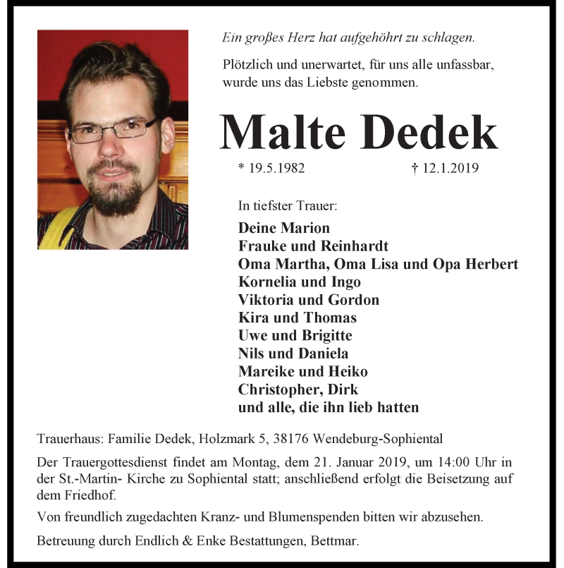  Traueranzeige für Malte Dedek vom 16.01.2019 aus Peiner Allgemeine Zeitung