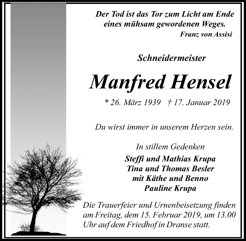  Traueranzeige für Manfred Hensel vom 26.01.2019 aus Märkischen Allgemeine Zeitung
