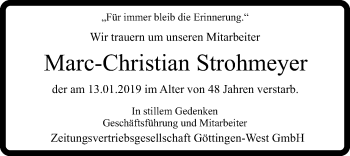 Traueranzeige von Marc-Christian Strohmeyer von Göttinger Tageblatt