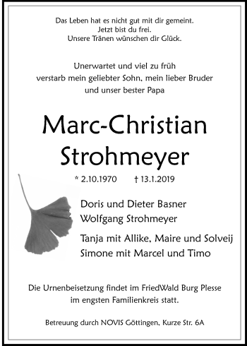 Traueranzeige von Marc-Christian Strohmeyer von Göttinger Tageblatt