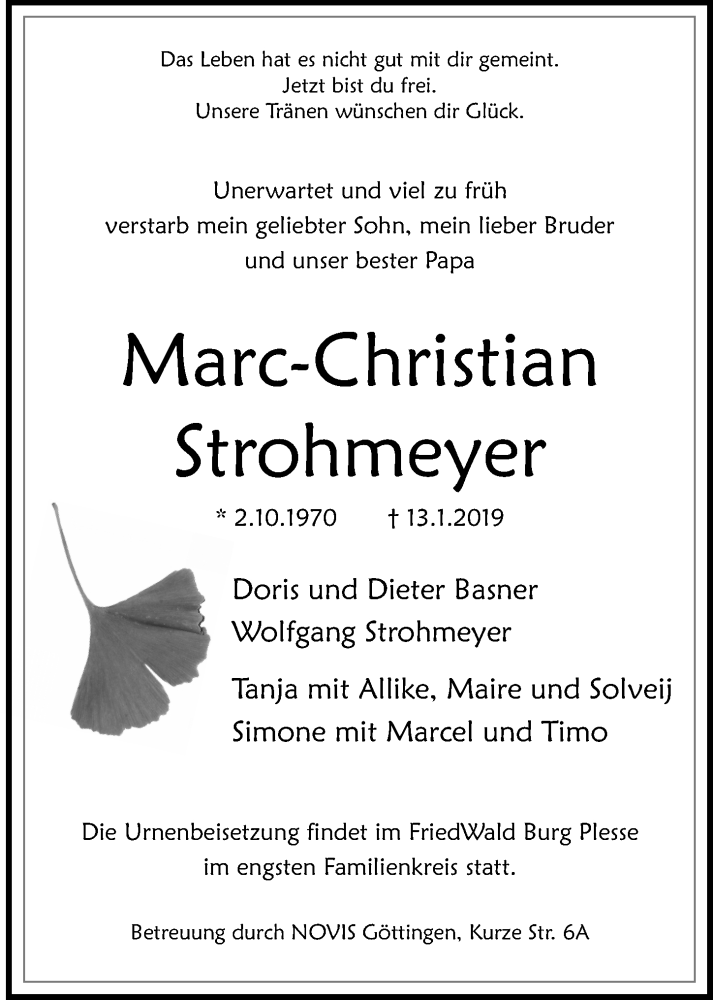  Traueranzeige für Marc-Christian Strohmeyer vom 19.01.2019 aus Göttinger Tageblatt