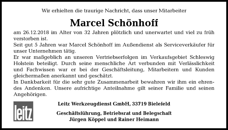  Traueranzeige für Marcel Schönhoff vom 18.01.2019 aus Kieler Nachrichten