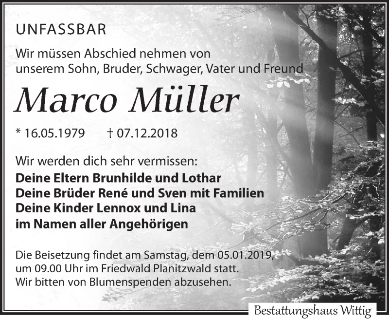  Traueranzeige für Marco Müller vom 29.12.2018 aus Torgauer Zeitung
