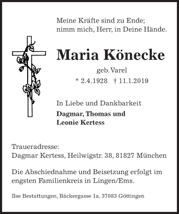 Traueranzeige von Maria Könecke von Göttinger Tageblatt
