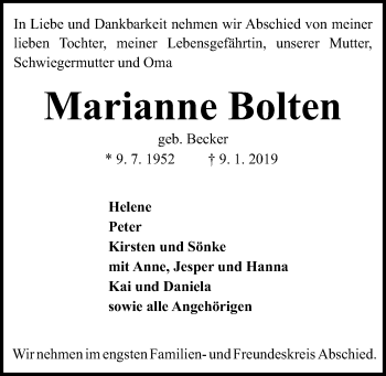 Traueranzeigen Von Marianne Bolten Trauer Anzeigen De