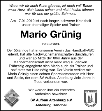 Traueranzeige von Mario Grünig von Leipziger Volkszeitung