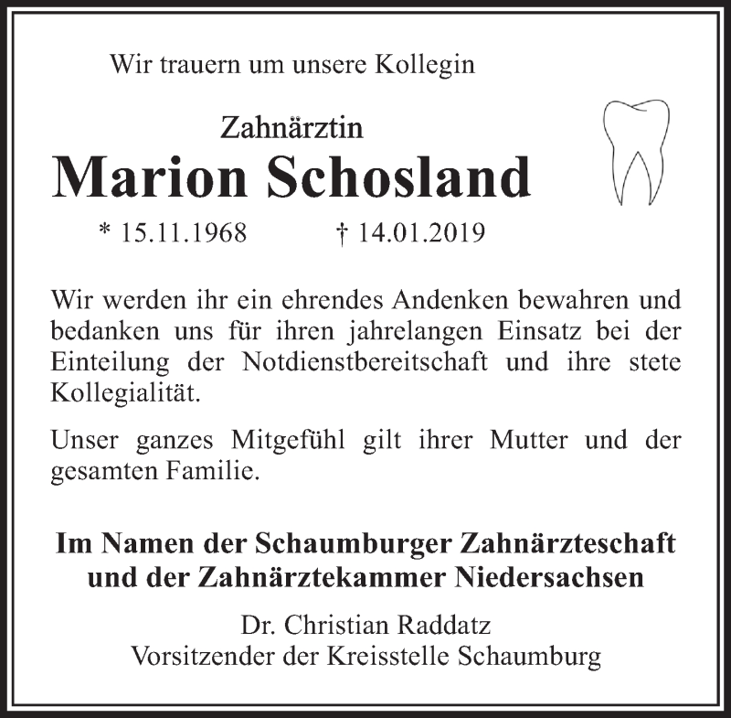 Traueranzeige für Marion Schosland vom 19.01.2019 aus Schaumburger Nachrichten