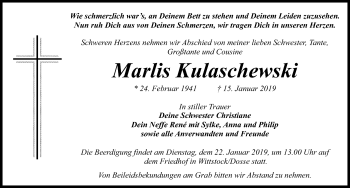 Traueranzeige von Marlis Kulaschewski von Märkischen Allgemeine Zeitung