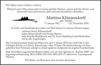 Traueranzeige von Martina Klüssendorff von Lübecker Nachrichten