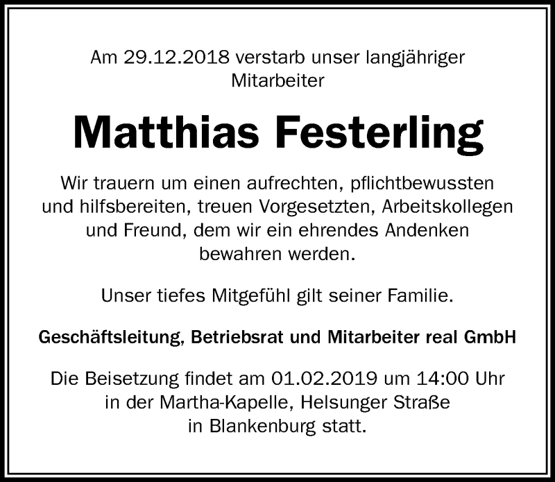  Traueranzeige für Matthias Festerling vom 25.01.2019 aus Hannoversche Allgemeine Zeitung/Neue Presse