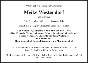Traueranzeige von Meike Westendorf von Lübecker Nachrichten