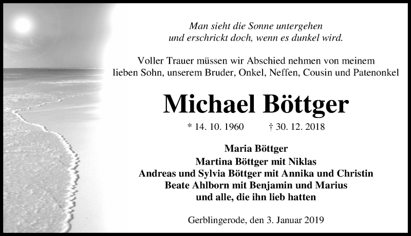  Traueranzeige für Michael Böttger vom 03.01.2019 aus Eichsfelder Tageblatt
