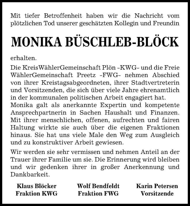  Traueranzeige für Monika Büschleb-Blöck vom 12.01.2019 aus Kieler Nachrichten