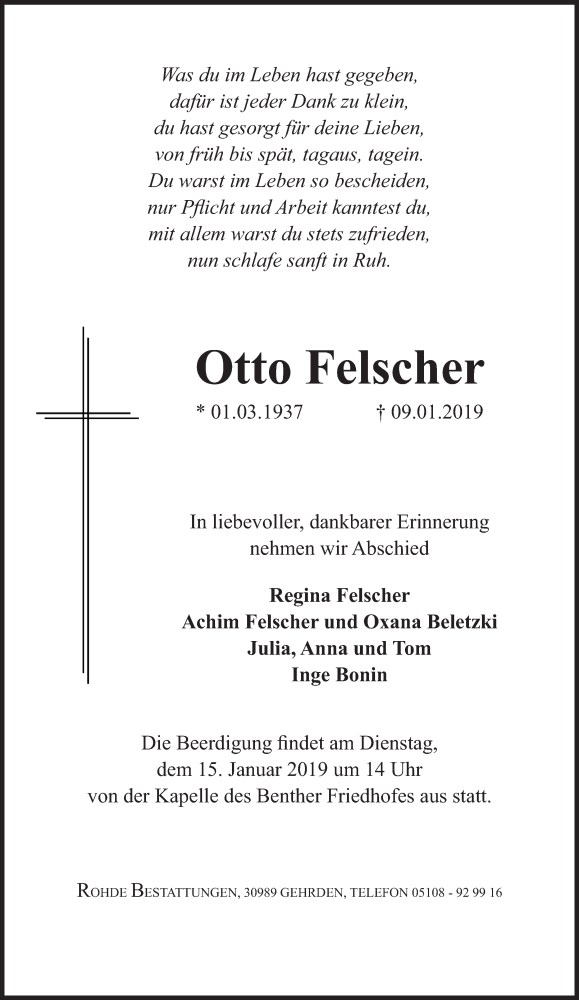  Traueranzeige für Otto Felscher vom 12.01.2019 aus Hannoversche Allgemeine Zeitung/Neue Presse