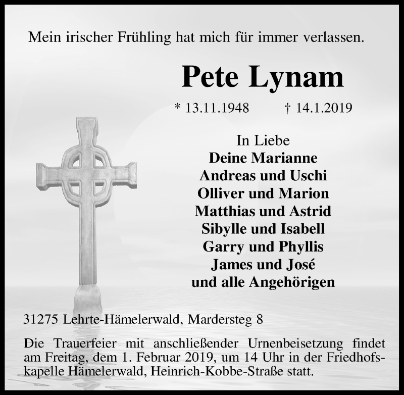  Traueranzeige für Pete Lynam vom 19.01.2019 aus Peiner Allgemeine Zeitung