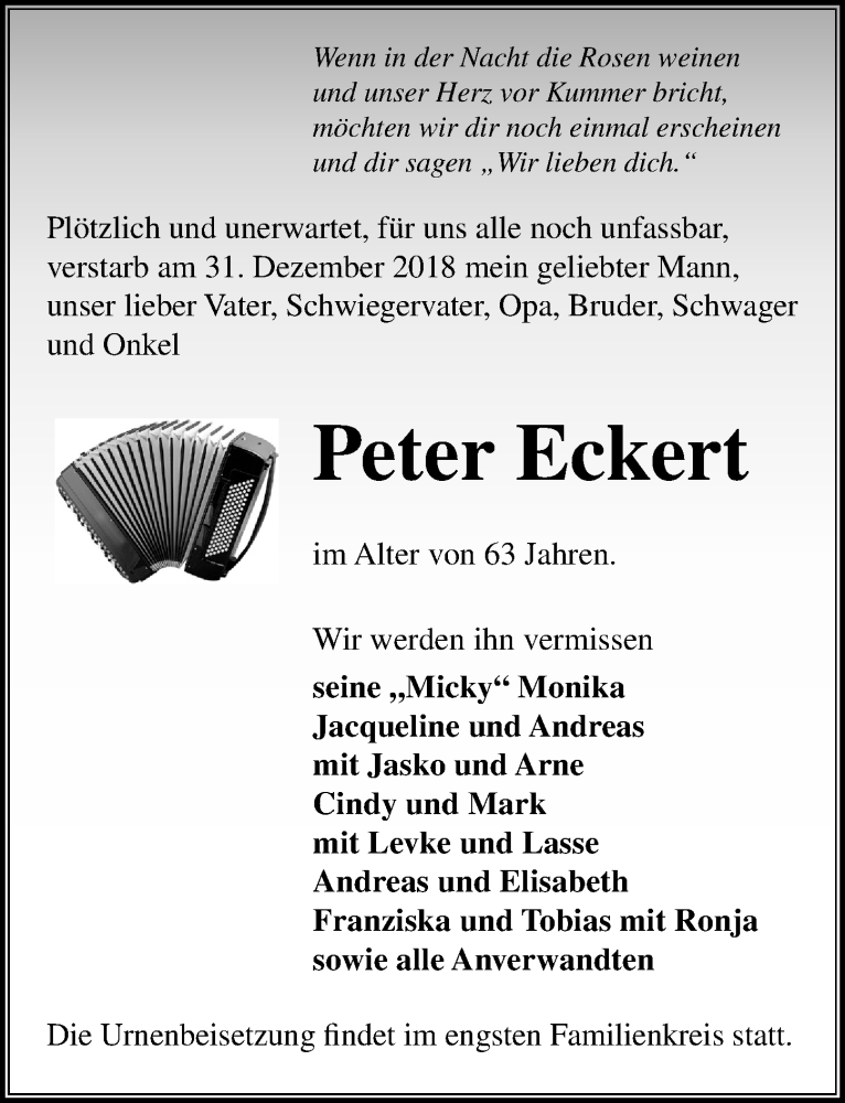  Traueranzeige für Peter Eckert vom 05.01.2019 aus Märkischen Allgemeine Zeitung