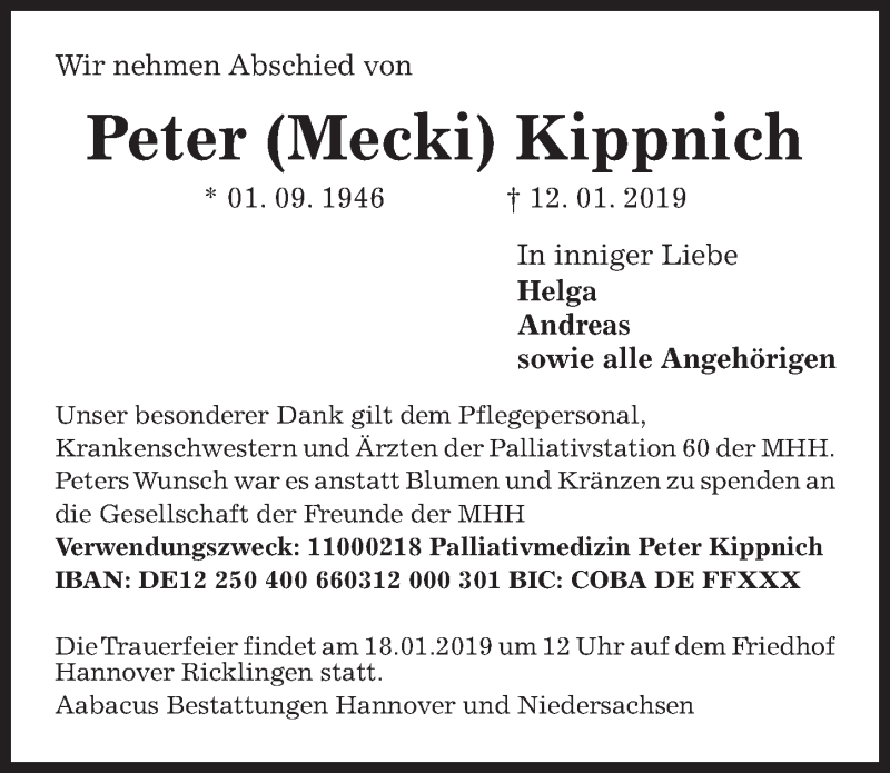  Traueranzeige für Peter Kippnich vom 16.01.2019 aus Hannoversche Allgemeine Zeitung/Neue Presse