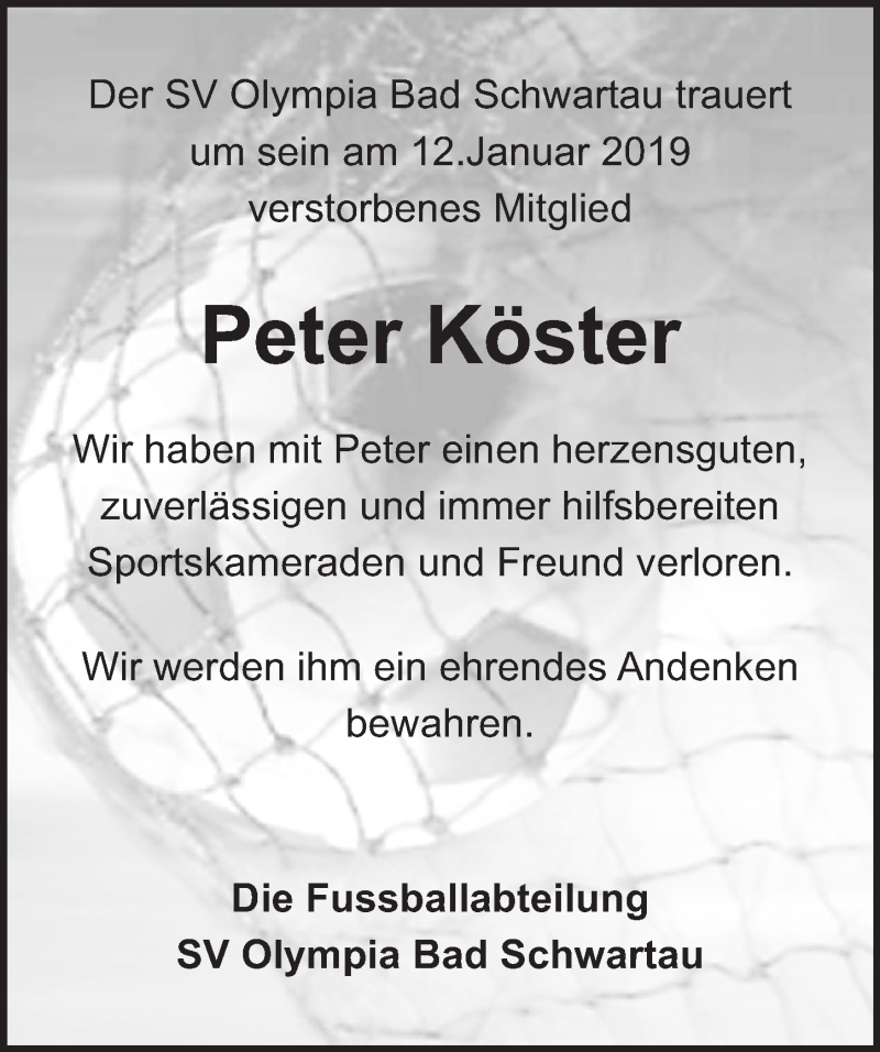  Traueranzeige für Peter Köster vom 19.01.2019 aus Lübecker Nachrichten