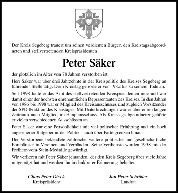 Traueranzeige von Peter Säker von Lübecker Nachrichten