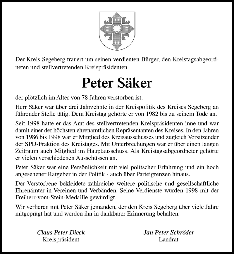  Traueranzeige für Peter Säker vom 26.01.2019 aus Lübecker Nachrichten