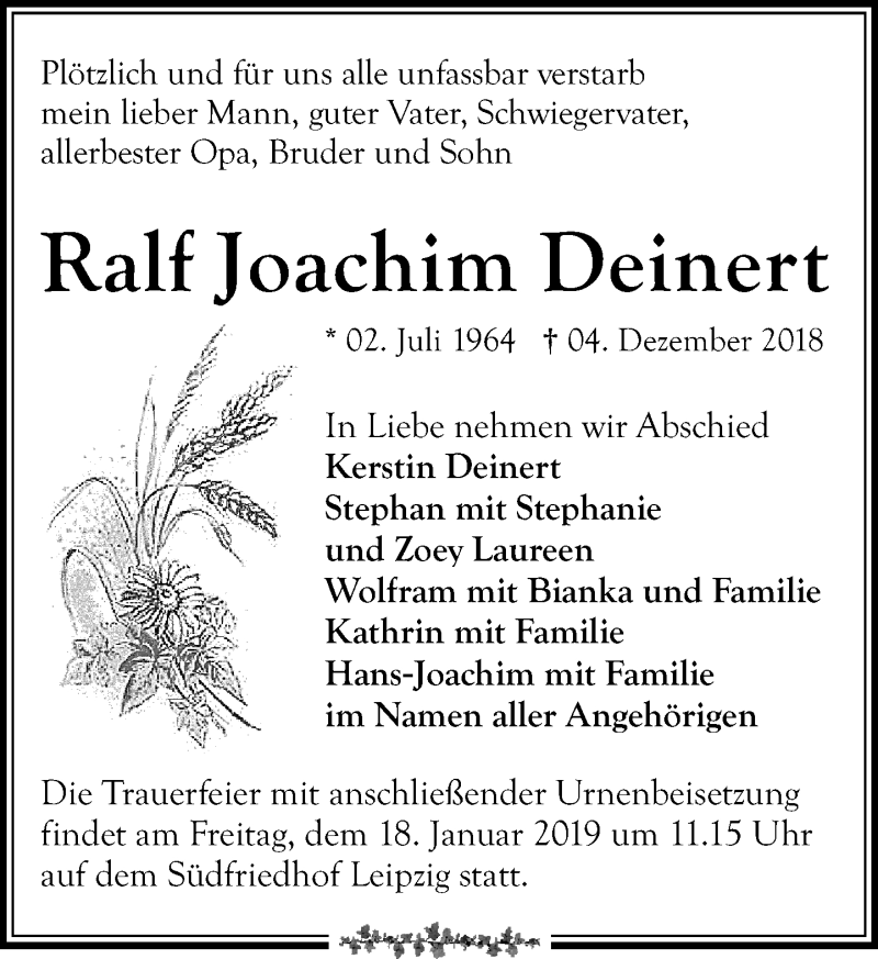  Traueranzeige für Ralf Joachim Deinert vom 05.01.2019 aus Leipziger Volkszeitung