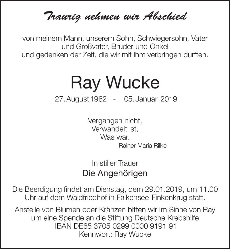  Traueranzeige für Ray Wucke vom 19.01.2019 aus Märkischen Allgemeine Zeitung