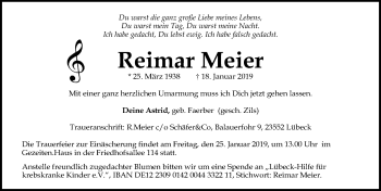 Traueranzeige von Reimar Meier von Lübecker Nachrichten