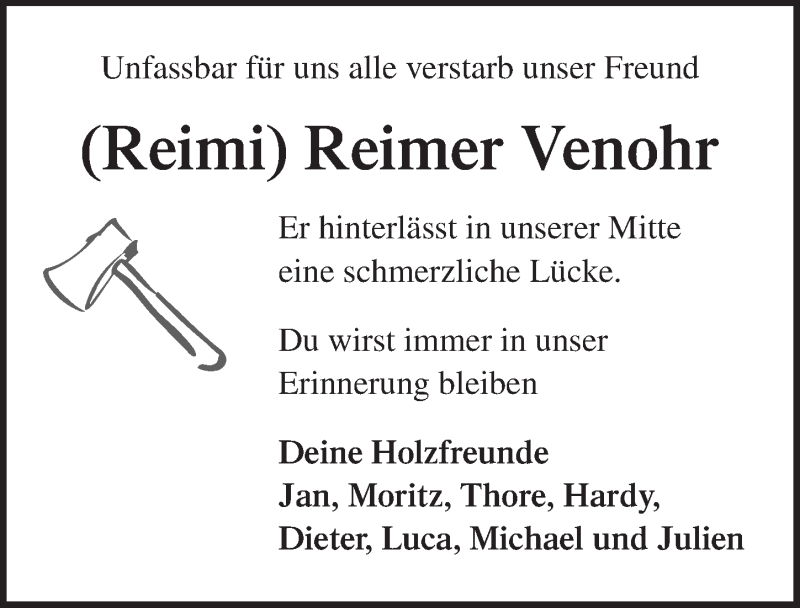  Traueranzeige für Reimer Venohr vom 19.01.2019 aus Lübecker Nachrichten