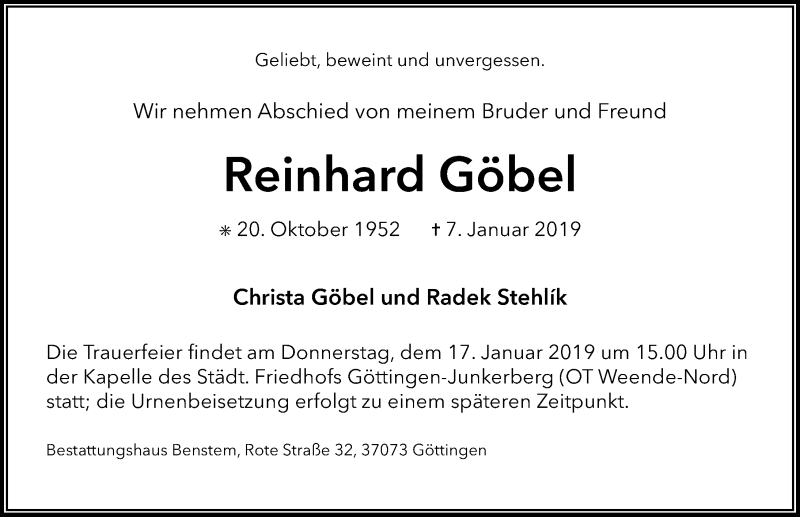  Traueranzeige für Reinhard Göbel vom 12.01.2019 aus Göttinger Tageblatt