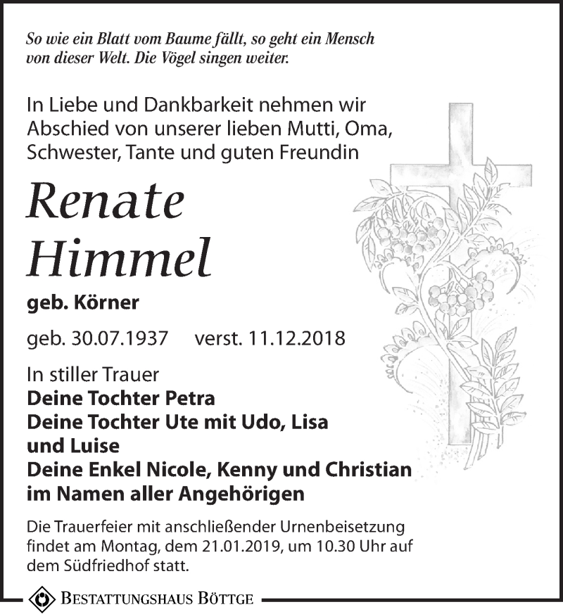  Traueranzeige für Renate Himmel vom 05.01.2019 aus Leipziger Volkszeitung
