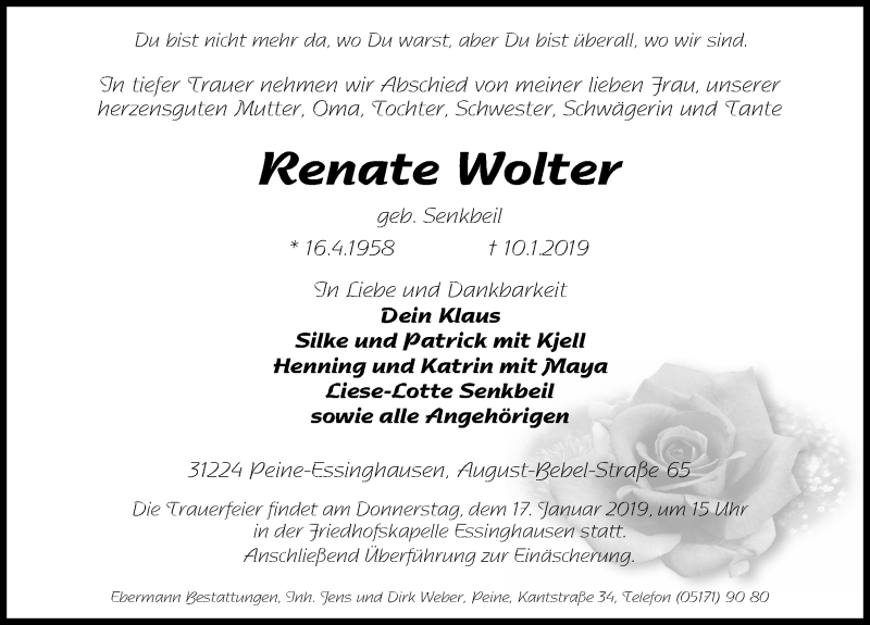  Traueranzeige für Renate Wolter vom 12.01.2019 aus Aller Zeitung