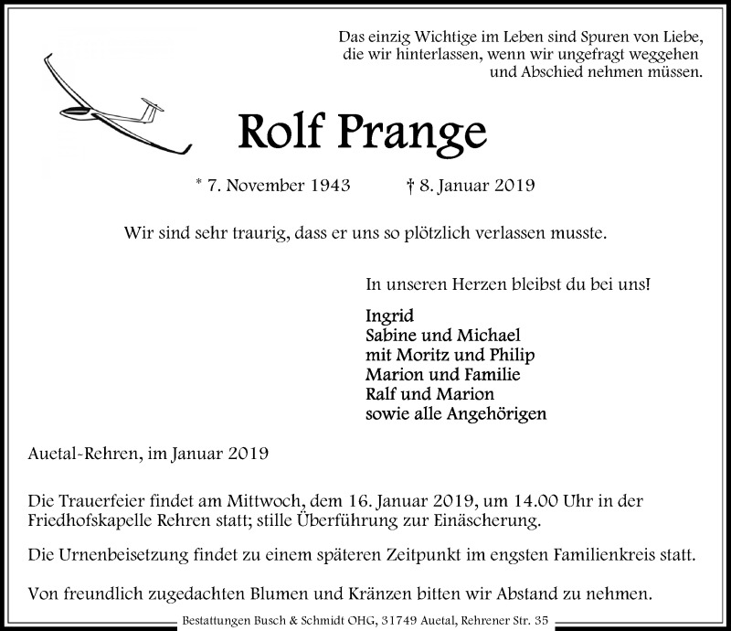  Traueranzeige für Rolf Prange vom 12.01.2019 aus Schaumburger Nachrichten
