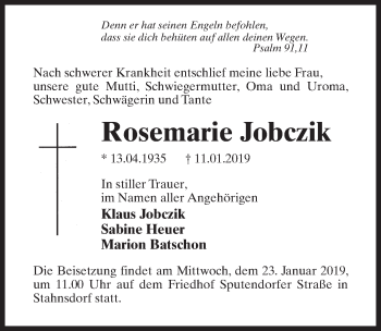 Traueranzeige von Rosemarie Jobczik von Märkischen Allgemeine Zeitung