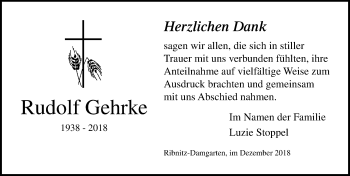 Traueranzeige von Rudolf Gehrke von Ostsee-Zeitung GmbH