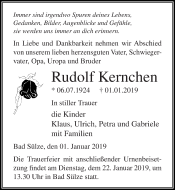 Traueranzeige von Rudolf Kernchen von Ostsee-Zeitung GmbH